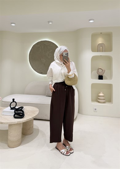 Havuç Kesim Çımalı Krep Pantolon Kahverengi