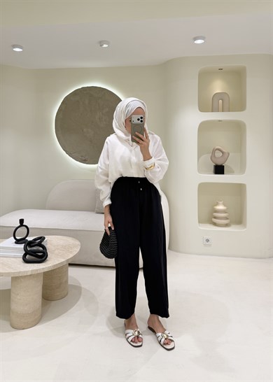 Havuç Kesim Çımalı Krep Pantolon Siyah
