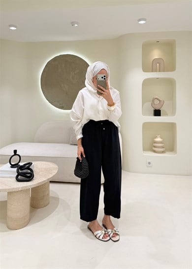 Havuç Kesim Çımalı Krep Pantolon Siyah