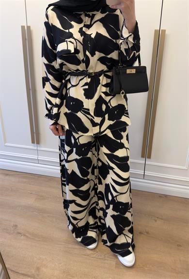 İpek Cupra Desenli Takım Siyah