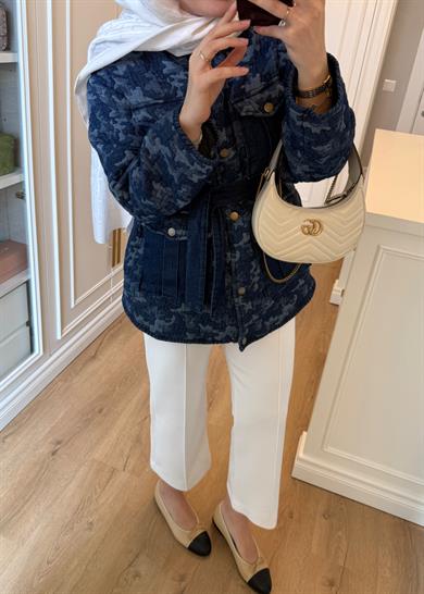 Jakarlı Denim Dokulu Kamuflaj Ceket 