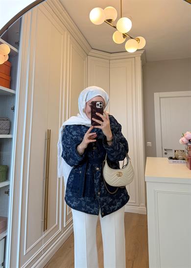 Jakarlı Denim Dokulu Kamuflaj Ceket 