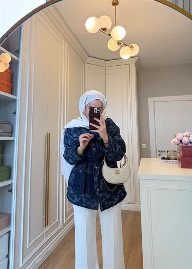 Jakarlı Denim Dokulu Kamuflaj Ceket 