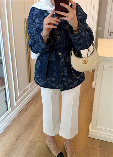 Jakarlı Denim Dokulu Kamuflaj Ceket 