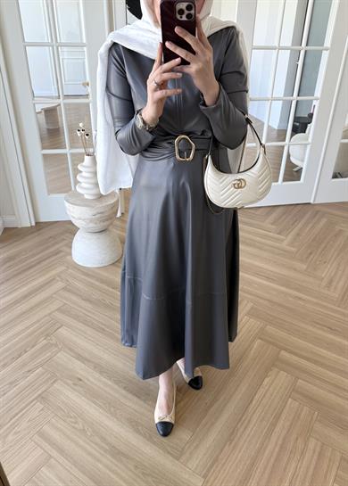 Gold Tokalı Deri Elbise Antrasit