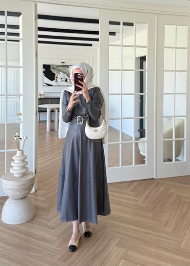 Gold Tokalı Deri Elbise Antrasit