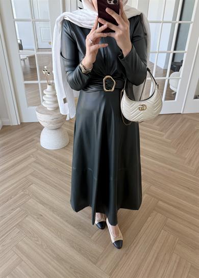 Gold Tokalı Deri Elbise Zümrüt Yeşili