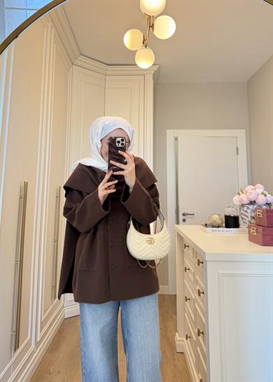 Kaplama Düğme ve Şal Atkılı Angora Hırka Kahverengi