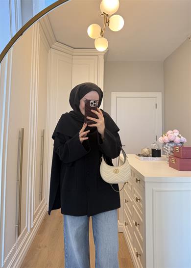 Kaplama Düğme ve Şal Atkılı Angora Hırka Siyah