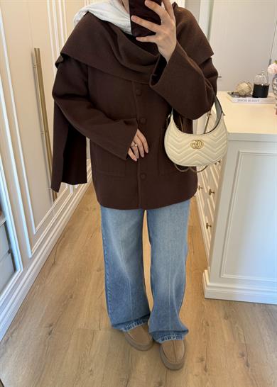 Kaplama Düğme ve Şal Atkılı Angora Hırka Kahverengi