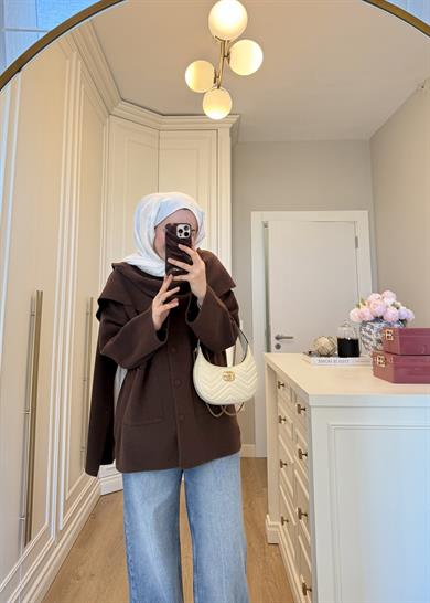 Kaplama Düğme ve Şal Atkılı Angora Hırka Kahverengi