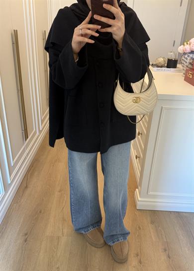 Kaplama Düğme ve Şal Atkılı Angora Hırka Siyah