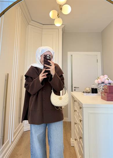 Kaplama Düğme ve Şal Atkılı Angora Hırka Kahverengi