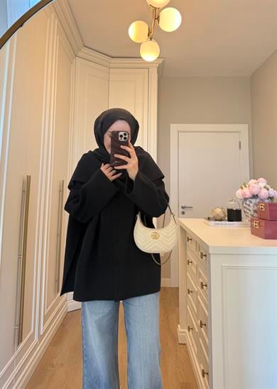 Kaplama Düğme ve Şal Atkılı Angora Hırka Siyah