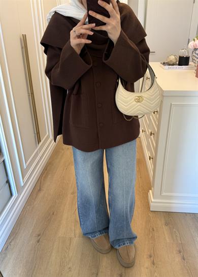 Kaplama Düğme ve Şal Atkılı Angora Hırka Kahverengi