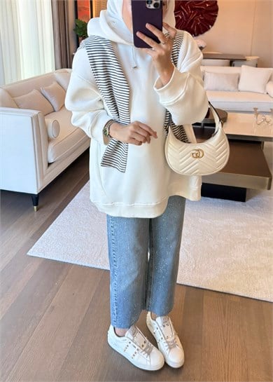 Kapüşonlu Oversıze Sweatshirt Ekru