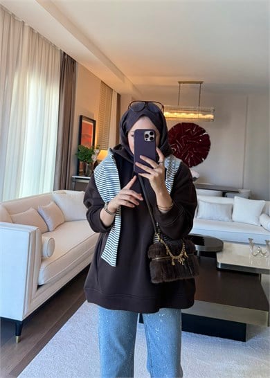 Kapüşonlu Oversıze Sweatshirt Kahverengi