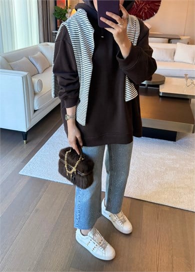 Kapüşonlu Oversıze Sweatshirt Kahverengi