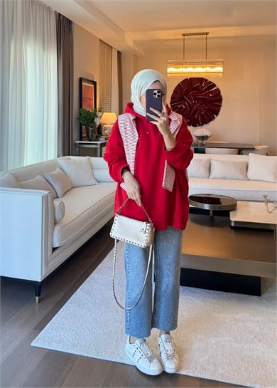 Kapüşonlu Oversıze Sweatshirt Kırmızı