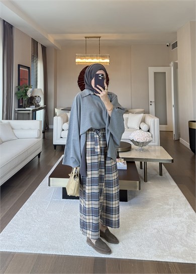 Kemerli Ekose Desen Barrel Pantolon Lacivert
