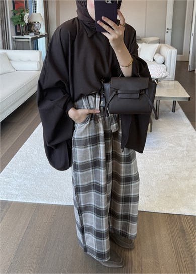 Kemerli Ekose Desen Barrel Pantolon Taş