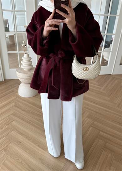 Geniş Yakalı Kaban Bordo