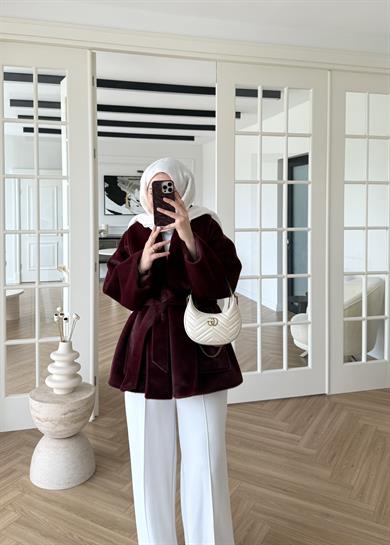 Geniş Yakalı Kaban Bordo