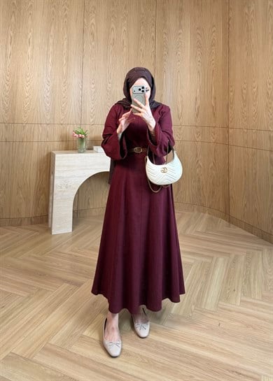 Kemerli Keten Elbise Bordo
