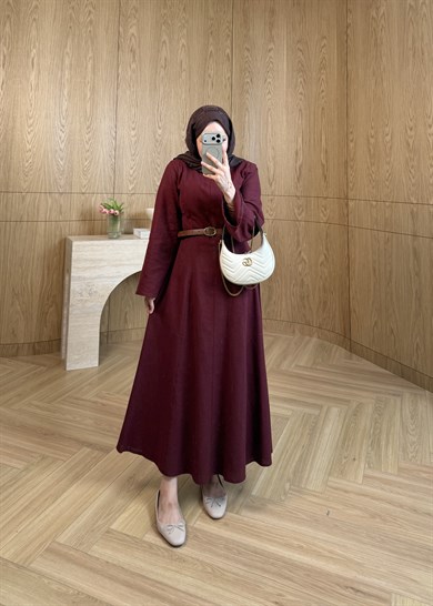 Kemerli Keten Elbise Bordo