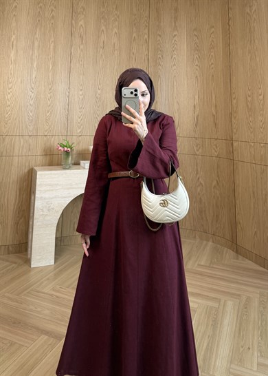 Kemerli Keten Elbise Bordo