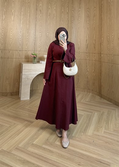 Kemerli Keten Elbise Bordo