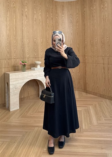 Kemerli Keten Elbise Siyah