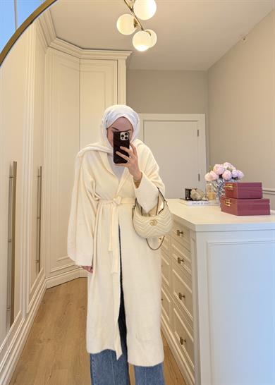 Kemerli Uzun Angora Hırka Ekru