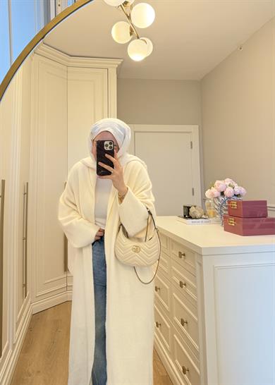 Kemerli Uzun Angora Hırka Ekru