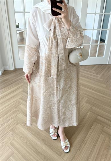 Fularlı Keten Elbise Sarı