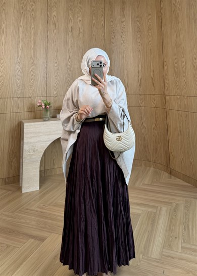 Kraşlı Pileli Etek Mürdüm