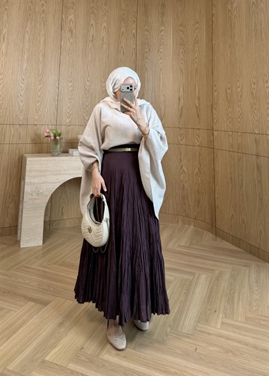 Kraşlı Pileli Etek Mürdüm