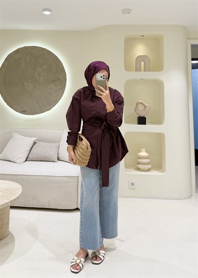 Kraşlı Poplin Gömlek Burgundy