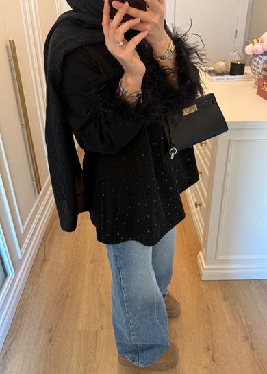 Kolları Tüylü Ve Taşlı 2 İplik Sweat Siyah