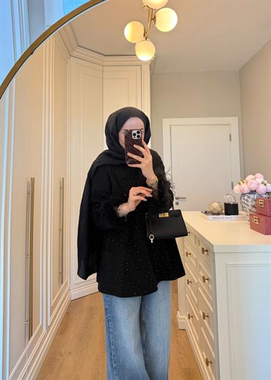 Kolları Tüylü Ve Taşlı 2 İplik Sweat Siyah