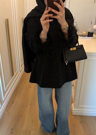 Kolları Tüylü Ve Taşlı 2 İplik Sweat Siyah