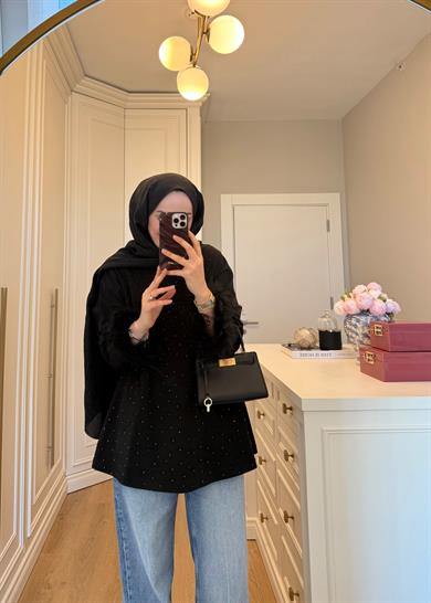 Kolları Tüylü Ve Taşlı 2 İplik Sweat Siyah