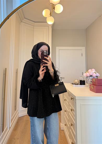 Kolları Tüylü Ve Taşlı 2 İplik Sweat Siyah