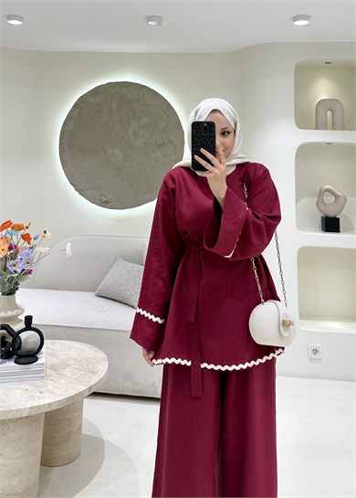 Kontrast Dikiş Detaylı Keten Takım Bordo 