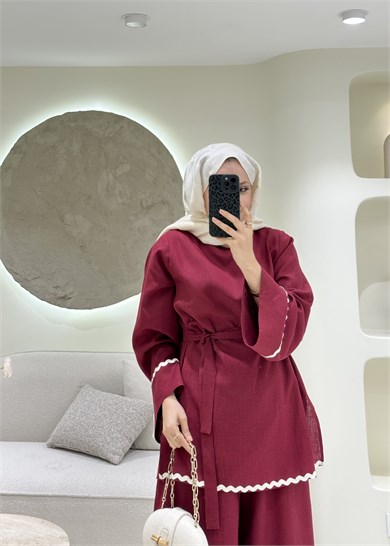 Kontrast Dikiş Detaylı Keten Takım Bordo 