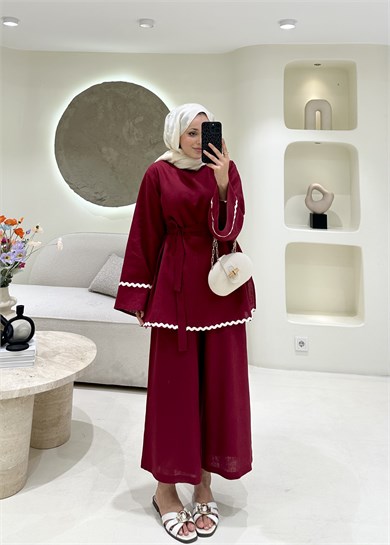Kontrast Dikiş Detaylı Keten Takım Bordo 