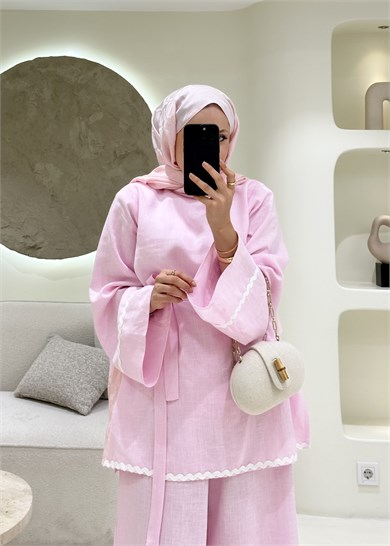 Kontrast Dikiş Detaylı Keten Takım Pembe  