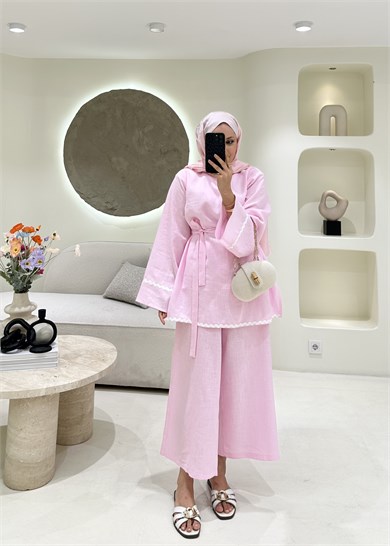 Kontrast Dikiş Detaylı Keten Takım Pembe  