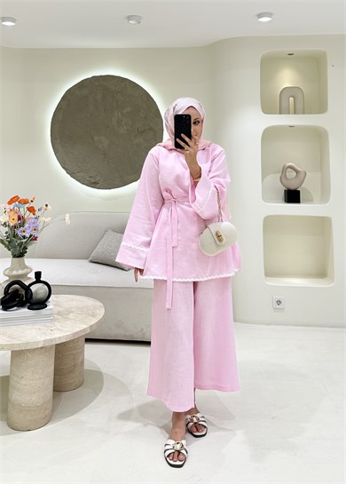 Kontrast Dikiş Detaylı Keten Takım Pembe  