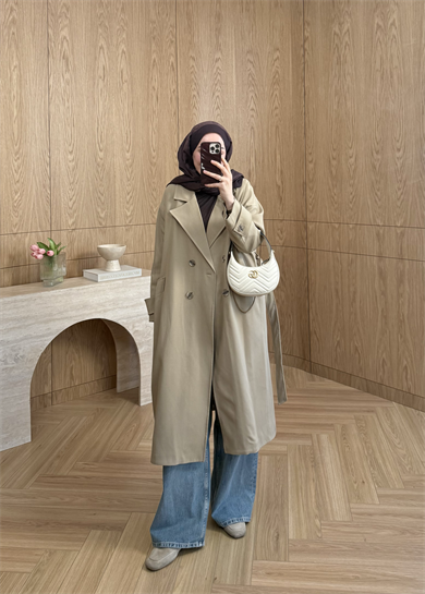 Kruvaze Yaka Astarlı Trençkot Camel 